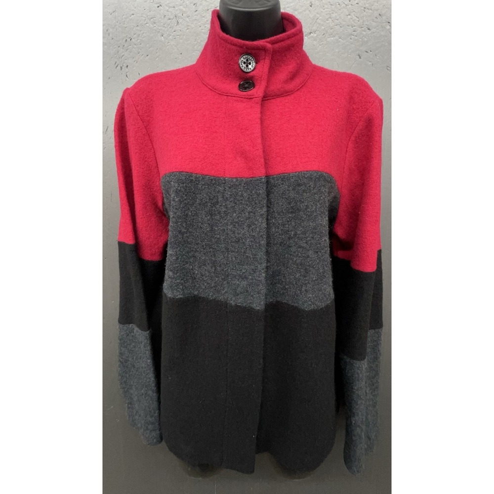 Boiled Wool Jacket Women M Red Gray Black Color Block Sweater Quiet Lux Classic